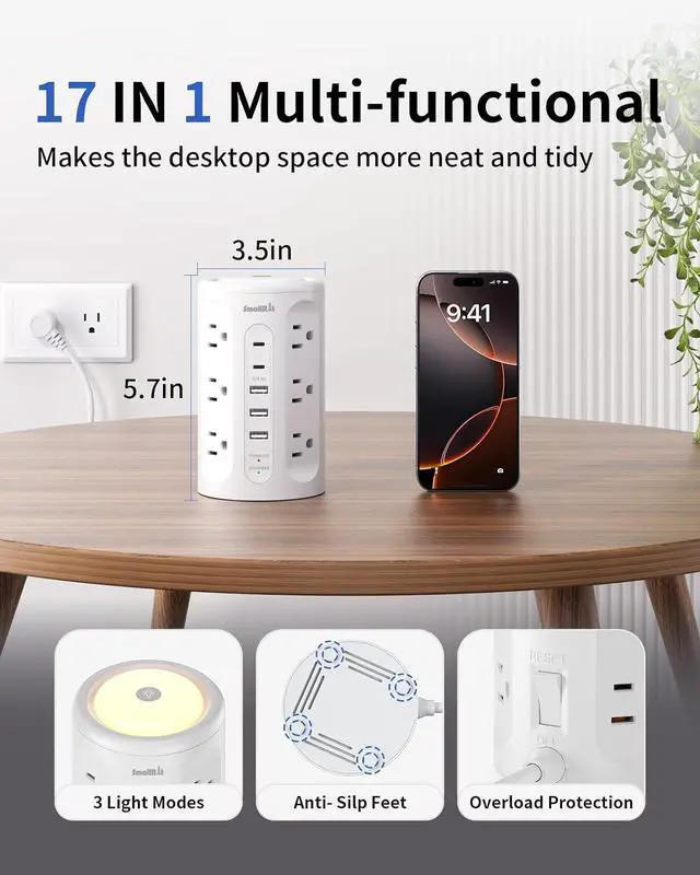 Alt view image 5 of 7 - Surge Protector Power Strip Tower with 5 USB Ports and Night Light,10FT Extension Cord with 12 AC Multiple Outlets (White, 10FT)