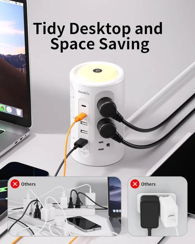 Alt view image 4 of 7 - Surge Protector Power Strip Tower with 5 USB Ports and Night Light,10FT Extension Cord with 12 AC Multiple Outlets (White, 10FT)