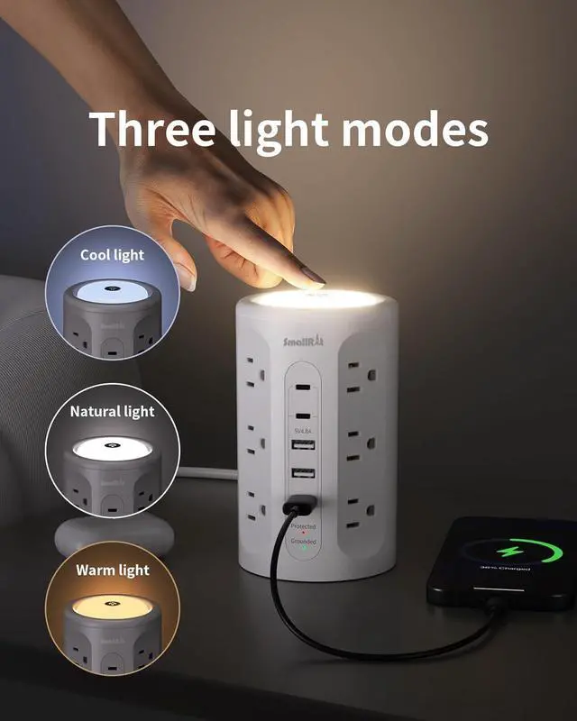 Alt view image 3 of 7 - Surge Protector Power Strip Tower with 5 USB Ports and Night Light,10FT Extension Cord with 12 AC Multiple Outlets (White, 10FT)