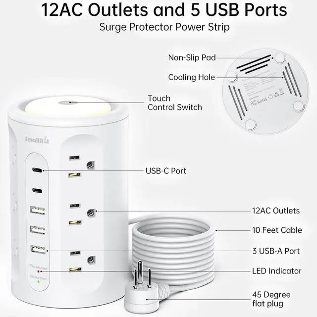 Alt view image 7 of 7 - Surge Protector Power Strip Tower with 5 USB Ports and Night Light,10FT Extension Cord with 12 AC Multiple Outlets (White, 10FT)