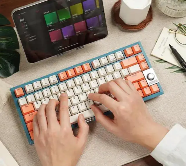 Alt view image 5 of 7 - Cherry 75% 81 Keys Wireless Gaming Mechanical Keyboard, BT/USB-C Hot Swappable New Vintage Keyboard, White Backlit Computer Keyboards for PC/MAC/iOS, MX2A Silent Red Switches, Blue/Pink