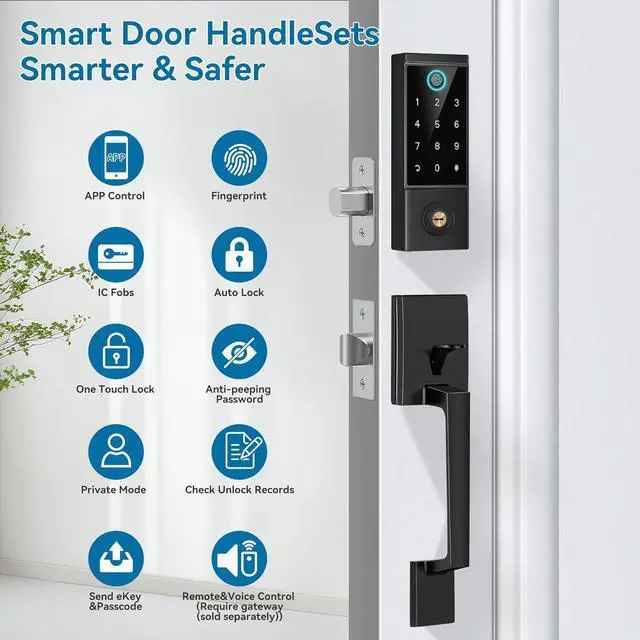 Alt view image 2 of 7 - Smart Door Lock with Front Door Handle Set, Heavy Duty Fingerprint Handleset, Keyless Entry Smart Deadbolt for Front Door, Bluetooth Keypad Digital Lock Black