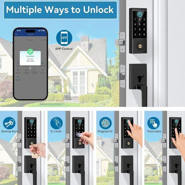 Alt view image 3 of 7 - Smart Door Lock with Front Door Handle Set, Heavy Duty Fingerprint Handleset, Keyless Entry Smart Deadbolt for Front Door, Bluetooth Keypad Digital Lock Black