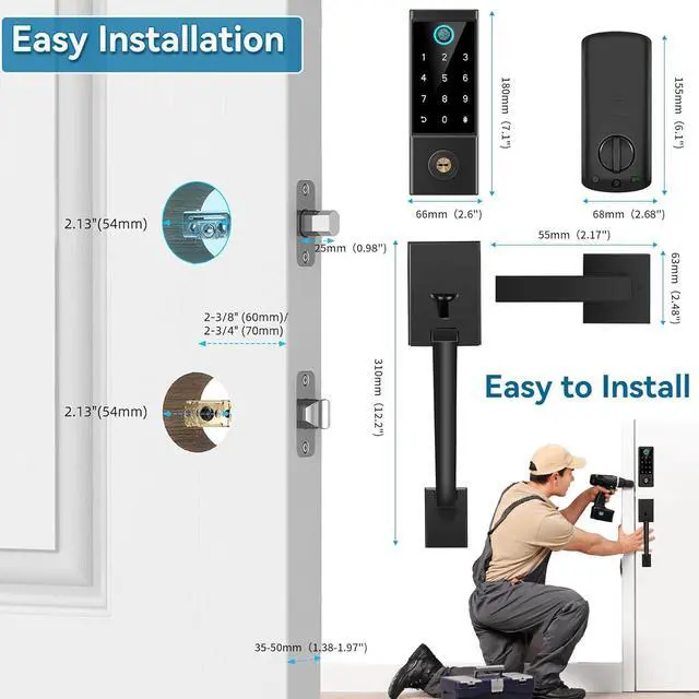Alt view image 7 of 7 - Smart Door Lock with Front Door Handle Set, Heavy Duty Fingerprint Handleset, Keyless Entry Smart Deadbolt for Front Door, Bluetooth Keypad Digital Lock Black