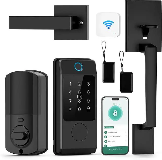 Main image of Smart Door Lock with Handle, Keyless Entry Lock Deadbolt Handle Set, Inclued WiFi Gateway Smart Deadbolt for Front, Fingerprint, Keypad Code, App Control, Voice Control(Black)