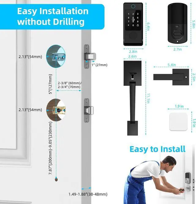 Alt view image 5 of 7 - Smart Door Lock with Handle, Keyless Entry Lock Deadbolt Handle Set, Inclued WiFi Gateway Smart Deadbolt for Front, Fingerprint, Keypad Code, App Control, Voice Control(Black)