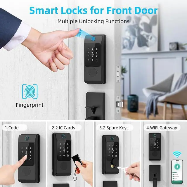 Alt view image 2 of 7 - Smart Door Lock with Handle, Keyless Entry Lock Deadbolt Handle Set, Inclued WiFi Gateway Smart Deadbolt for Front, Fingerprint, Keypad Code, App Control, Voice Control(Black)