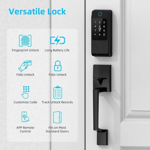 Alt view image 6 of 7 - Smart Door Lock with Handle, Keyless Entry Lock Deadbolt Handle Set, Inclued WiFi Gateway Smart Deadbolt for Front, Fingerprint, Keypad Code, App Control, Voice Control(Black)