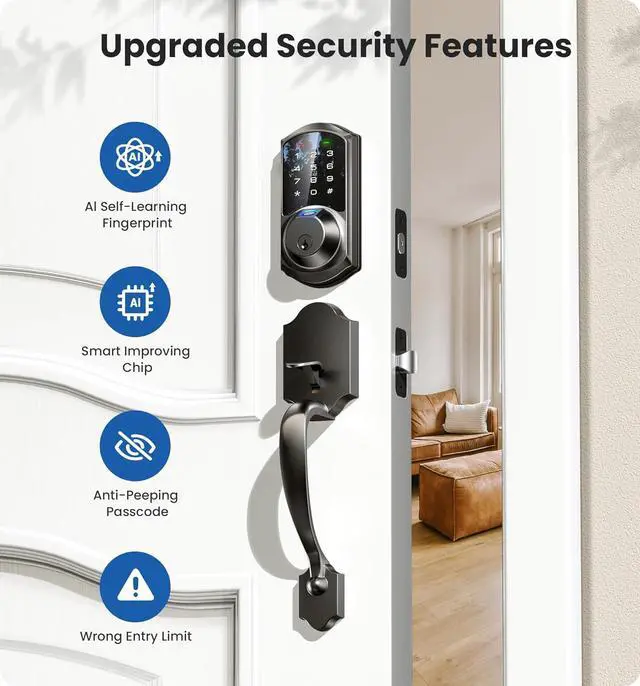Alt view image 3 of 6 - VE07-H Fingerprint Smart Locks for Front Door with Handle Set, App Control, Keyless Entry Keypad Deadbolt, Digital Electronic Touchscreen, Easy Install, Auto Lock, Matte Black