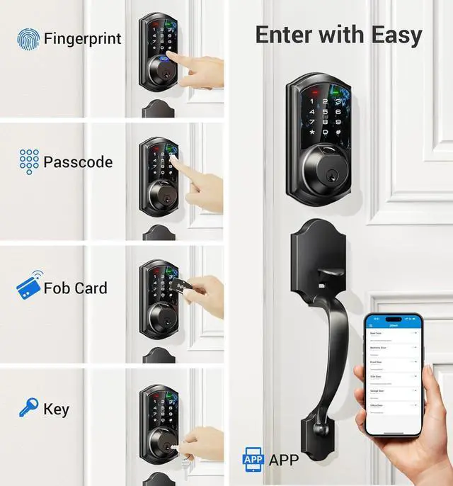 Alt view image 2 of 6 - VE07-H Fingerprint Smart Locks for Front Door with Handle Set, App Control, Keyless Entry Keypad Deadbolt, Digital Electronic Touchscreen, Easy Install, Auto Lock, Matte Black
