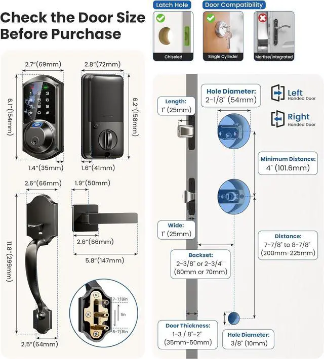 Alt view image 6 of 6 - VE07-H Fingerprint Smart Locks for Front Door with Handle Set, App Control, Keyless Entry Keypad Deadbolt, Digital Electronic Touchscreen, Easy Install, Auto Lock, Matte Black