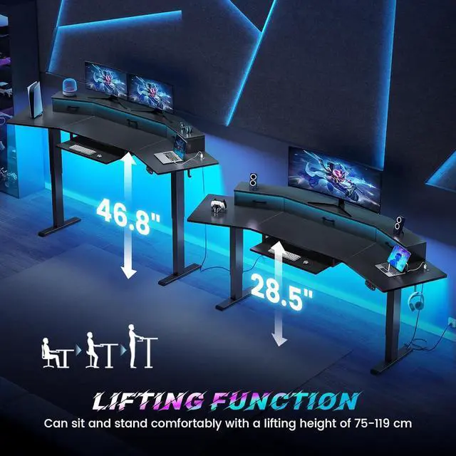 Alt view image 3 of 7 - 79'' Electric Standing Gaming Desk with Drawers and Led Lights, Height Adjustable Computer Desk with Power Outlet, Keyboard Tray for Home Office, Stand up Gaming Table, Black