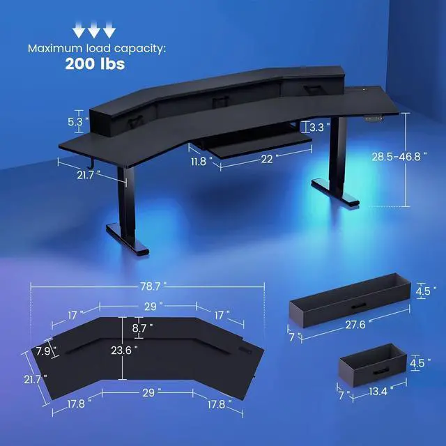 Alt view image 2 of 7 - 79'' Electric Standing Gaming Desk with Drawers and Led Lights, Height Adjustable Computer Desk with Power Outlet, Keyboard Tray for Home Office, Stand up Gaming Table, Black