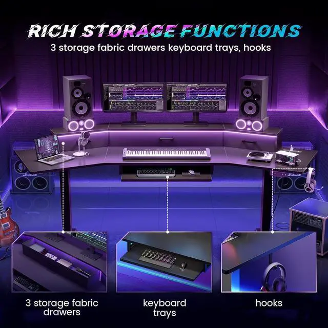 Alt view image 4 of 7 - 79'' Electric Standing Gaming Desk with Drawers and Led Lights, Height Adjustable Computer Desk with Power Outlet, Keyboard Tray for Home Office, Stand up Gaming Table, Black
