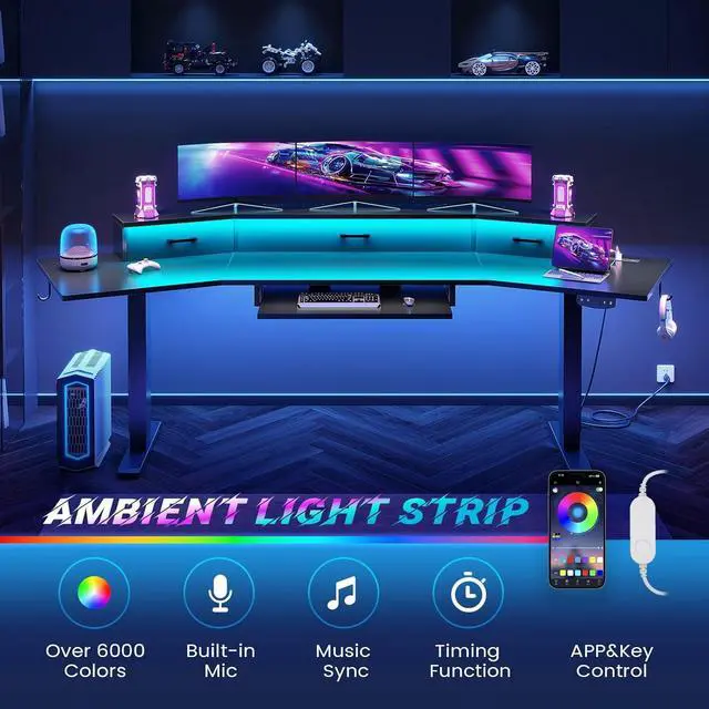 Alt view image 7 of 7 - 79'' Electric Standing Gaming Desk with Drawers and Led Lights, Height Adjustable Computer Desk with Power Outlet, Keyboard Tray for Home Office, Stand up Gaming Table, Black