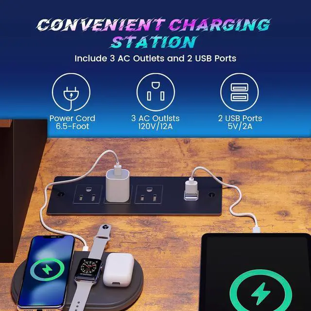 Alt view image 5 of 7 - 79'' Electric Standing Gaming Desk with Drawers and Led Lights, Height Adjustable Computer Desk with Power Outlet, Keyboard Tray for Home Office, Stand up Gaming Table, Rustic brown