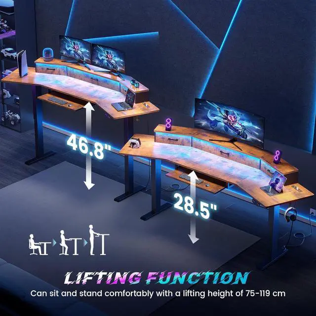 Alt view image 3 of 7 - 79'' Electric Standing Gaming Desk with Drawers and Led Lights, Height Adjustable Computer Desk with Power Outlet, Keyboard Tray for Home Office, Stand up Gaming Table, Rustic brown