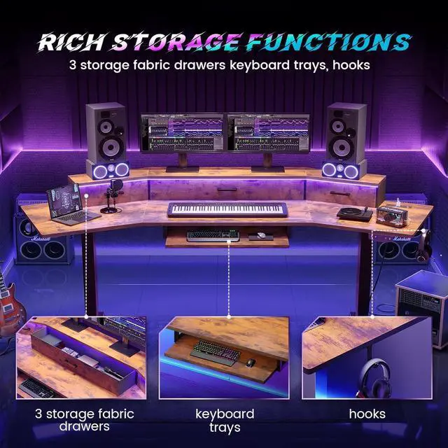 Alt view image 4 of 7 - 79'' Electric Standing Gaming Desk with Drawers and Led Lights, Height Adjustable Computer Desk with Power Outlet, Keyboard Tray for Home Office, Stand up Gaming Table, Rustic brown
