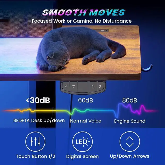 Alt view image 6 of 7 - 79'' Electric Standing Gaming Desk with Drawers and Led Lights, Height Adjustable Computer Desk with Power Outlet, Keyboard Tray for Home Office, Stand up Gaming Table, Rustic brown