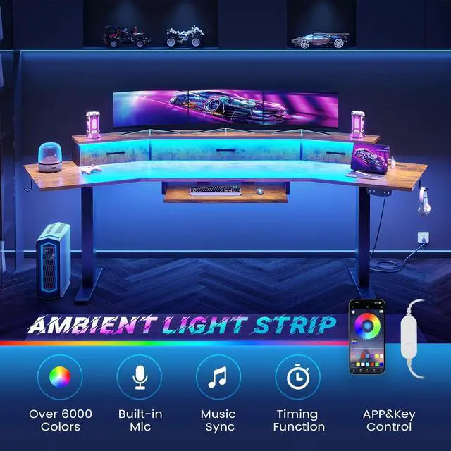 Alt view image 7 of 7 - 79'' Electric Standing Gaming Desk with Drawers and Led Lights, Height Adjustable Computer Desk with Power Outlet, Keyboard Tray for Home Office, Stand up Gaming Table, Rustic brown