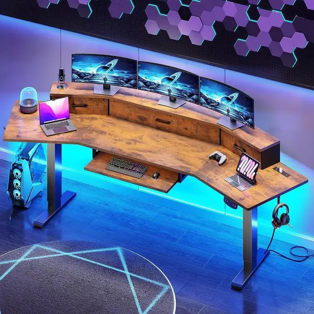 Main image of 79'' Electric Standing Gaming Desk with Drawers and Led Lights, Height Adjustable Computer Desk with Power Outlet, Keyboard Tray for Home Office, Stand up Gaming Table, Rustic brown