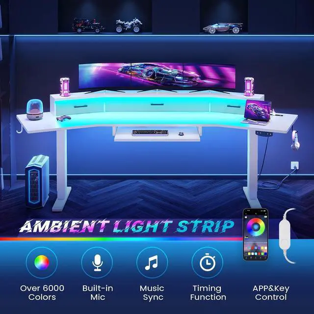 Alt view image 6 of 7 - 79'' Electric Standing Gaming Desk with Drawers and Led Lights, Height Adjustable Computer Desk with Power Outlet, Keyboard Tray for Home Office, Stand up Gaming Table, White