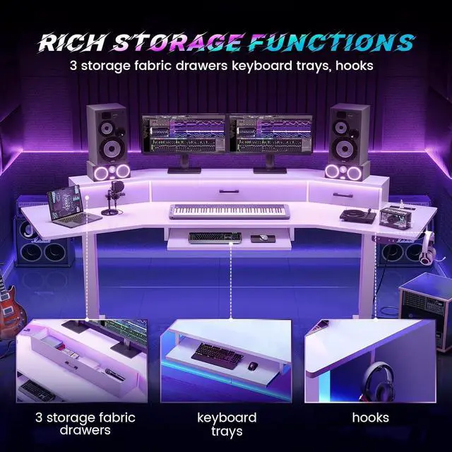 Alt view image 4 of 7 - 79'' Electric Standing Gaming Desk with Drawers and Led Lights, Height Adjustable Computer Desk with Power Outlet, Keyboard Tray for Home Office, Stand up Gaming Table, White