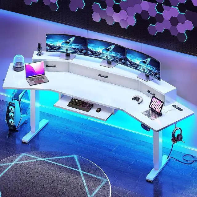 Main image of 79'' Electric Standing Gaming Desk with Drawers and Led Lights, Height Adjustable Computer Desk with Power Outlet, Keyboard Tray for Home Office, Stand up Gaming Table, White