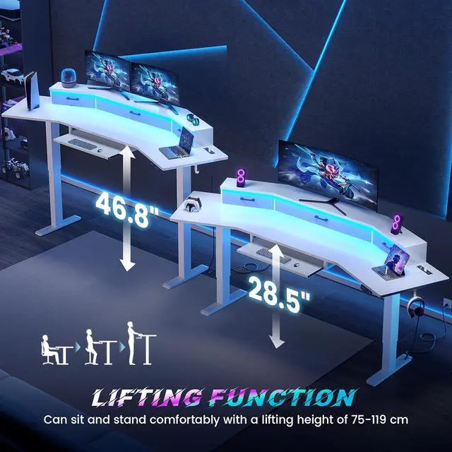 Alt view image 3 of 7 - 79'' Electric Standing Gaming Desk with Drawers and Led Lights, Height Adjustable Computer Desk with Power Outlet, Keyboard Tray for Home Office, Stand up Gaming Table, White