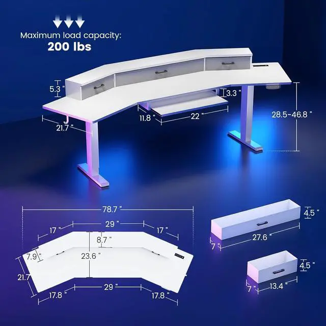 Alt view image 2 of 7 - 79'' Electric Standing Gaming Desk with Drawers and Led Lights, Height Adjustable Computer Desk with Power Outlet, Keyboard Tray for Home Office, Stand up Gaming Table, White