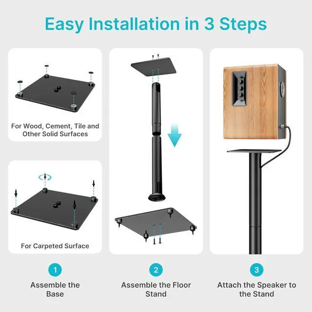 Alt view image 4 of 7 - Speaker Stands Pair for Surround Sound,55 LBS Capacity,30.1 inch Floor Bookshlef Speaker Stands,Cable Management,Large Base,1 Pair,Black