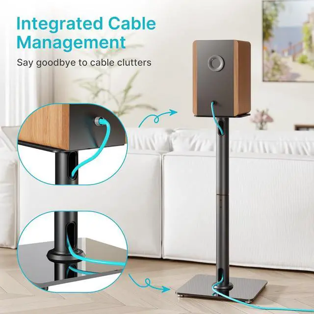Alt view image 6 of 7 - Speaker Stands Pair for Surround Sound,55 LBS Capacity,30.1 inch Floor Bookshlef Speaker Stands,Cable Management,Large Base,1 Pair,Black