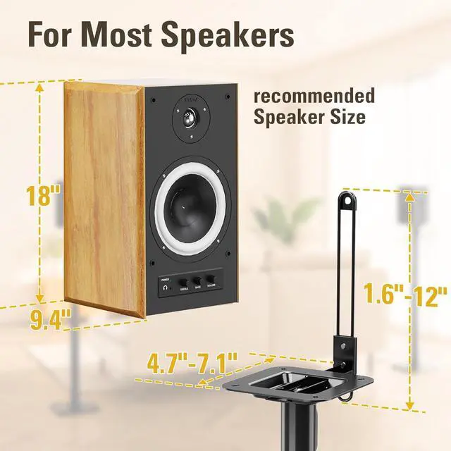 Alt view image 3 of 7 - Dream Black Alloy Steel Speaker Stands, Height Adjustable Bookshelf Speaker Stand Pair, Universal Fit, 11 lbs Capacity, Set of 2 for Bose Polk JBL Sony Yamaha - 42" Max Height