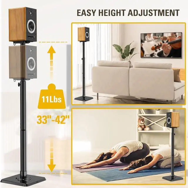 Alt view image 2 of 7 - Dream Black Alloy Steel Speaker Stands, Height Adjustable Bookshelf Speaker Stand Pair, Universal Fit, 11 lbs Capacity, Set of 2 for Bose Polk JBL Sony Yamaha - 42" Max Height