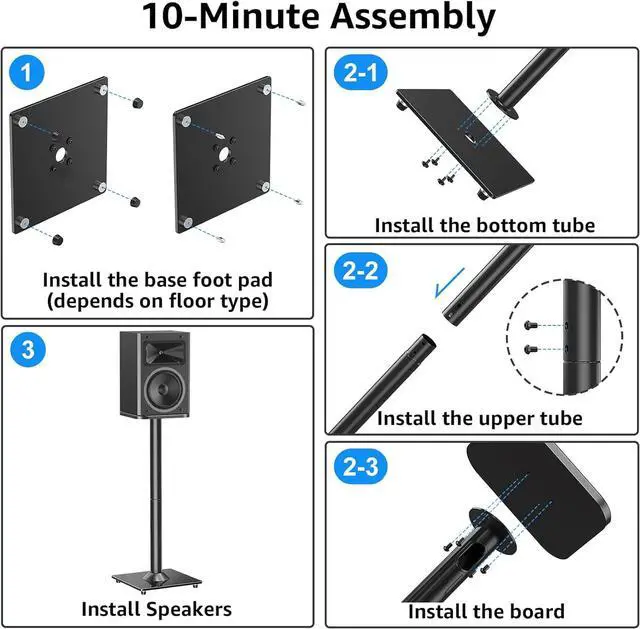 Alt view image 6 of 7 - Universal Speaker Stands Pair for Surround Sound, 31" Height Floor Speaker Stands, Holds Bookshelf Speaker Satellite Speaker Large Speaker, Up to 22LBS Cable Concealing 9.8" Plate Black MU9132