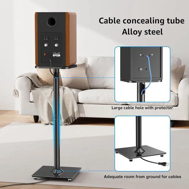 Alt view image 4 of 7 - Universal Speaker Stands Pair for Surround Sound, 31" Height Floor Speaker Stands, Holds Bookshelf Speaker Satellite Speaker Large Speaker, Up to 22LBS Cable Concealing 9.8" Plate Black MU9132