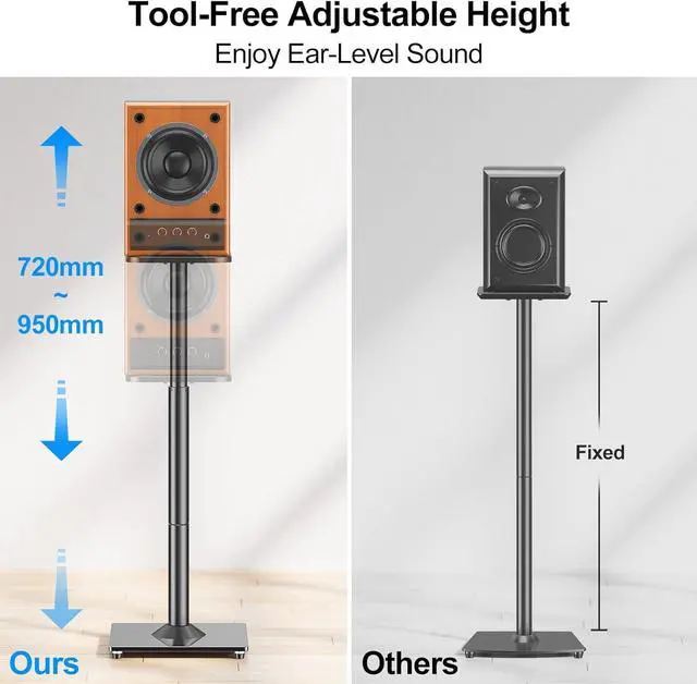 Alt view image 2 of 7 - Universal Speaker Stands Pair 28.3" to 37.4" Height Adjustable Floor Speaker Stands, Holds Bookshelf & Satellite Speaker Large Speaker, Up to 22LBS Cable Concealing 9.8" Plate Black MU9132-L