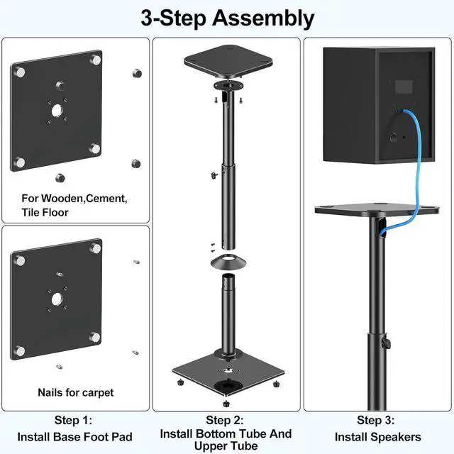 Alt view image 7 of 7 - Universal Speaker Stands Pair 28.3" to 37.4" Height Adjustable Floor Speaker Stands, Holds Bookshelf & Satellite Speaker Large Speaker, Up to 22LBS Cable Concealing 9.8" Plate Black MU9132-L