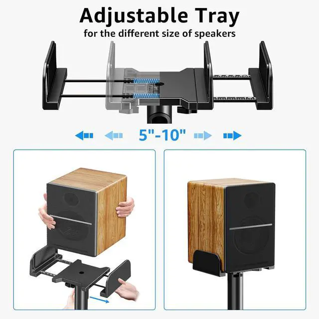 Alt view image 2 of 7 - Universal Speakers Stands Pair 34" to 43.3" Height Adjustable Holds Bookshelf Speakers Satellite Speakers Up to 11LBS Cable Concealing 1 Pair Spring-Loaded Plate Extends to 10" MU9138 Black