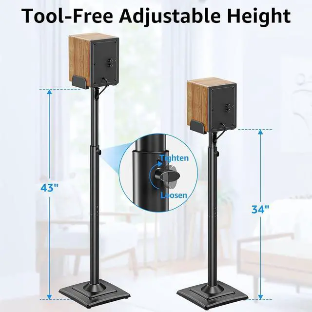 Alt view image 3 of 7 - Universal Speakers Stands Pair 34" to 43.3" Height Adjustable Holds Bookshelf Speakers Satellite Speakers Up to 11LBS Cable Concealing 1 Pair Spring-Loaded Plate Extends to 10" MU9138 Black