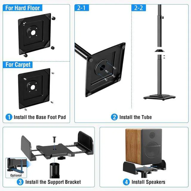 Alt view image 7 of 7 - Universal Speakers Stands Pair 34" to 43.3" Height Adjustable Holds Bookshelf Speakers Satellite Speakers Up to 11LBS Cable Concealing 1 Pair Spring-Loaded Plate Extends to 10" MU9138 Black