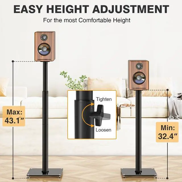 Alt view image 3 of 7 - Speaker Stand Height Adjustable from 32"-43" Bookshelf Speaker Stand Pair for Satellite Speakers with 360° Swivel, Ideal for Home Theater and Music Studio, Set of 2 for Bose Polk JBL Sony Yamaha