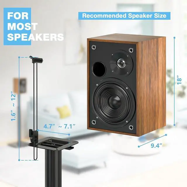 Alt view image 3 of 7 - Height Adjustable Bookshelf Speaker Stand Pair for Universal Satellite Speakers, 32" to 43" Height Adjustment and 360° Swivel for Optimal Audio Experience, Set of 2