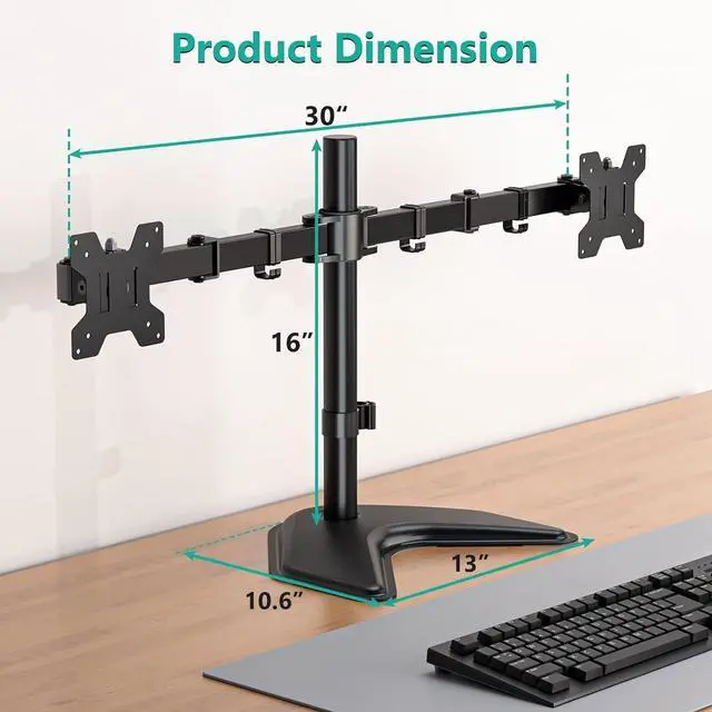 Alt view image 3 of 5 - Dual Monitor Mount, Free-Standing Monitor Stand for 2 Monitors fit 13-27 Screen, Monitor Arm Holds Max 17.6lbs, Monitor Desk Mount with Height Adjustable, Swivel, VESA Mount 75x75 100x100