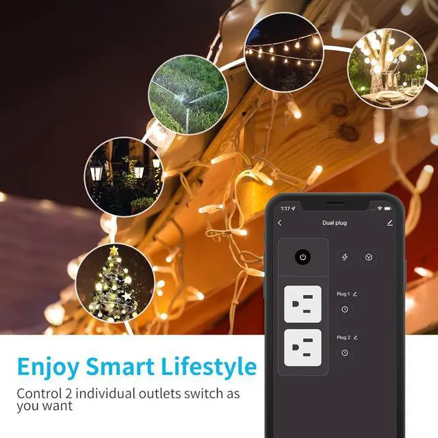 Alt view image 6 of 7 - 15A Outdoor Smart Plug, Heavy Duty Smart Home Wi-Fi Outlet Timer, Outlet with 2 Sockets, Wireless Remote Control, Compatible with Alexa & Google for String Light and Motors, 2.4 GHZ, Black