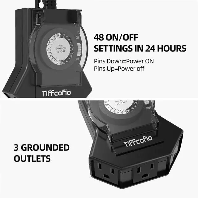 Alt view image 2 of 7 - Outdoor Timer Outlet Waterproof, 24 Hour Mechanical Light Timer Outdoor, 2 Grounded Outlets for Home and Garden, 15A 1/2HP, Heavy Duty, ETL Listed (1 Pack)