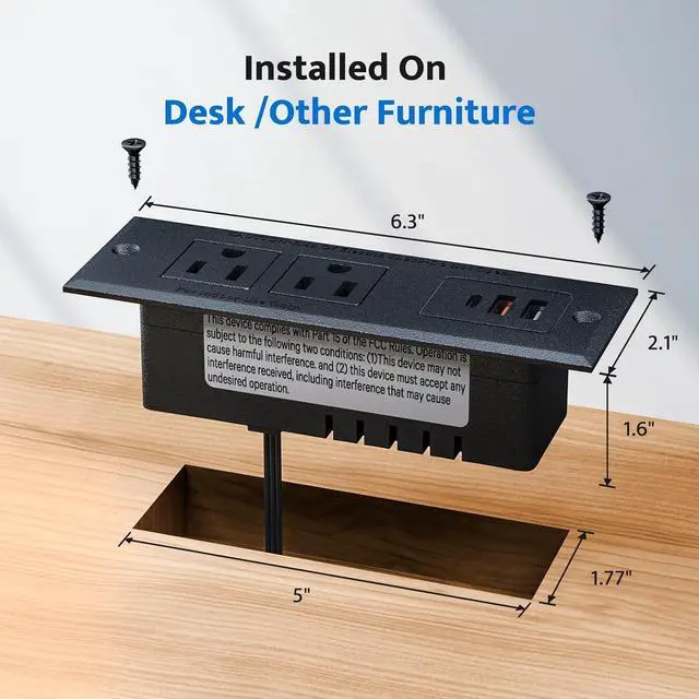 Alt view image 5 of 7 - Recessed Power Strip with USB C Fast Charging Conference Recessed Outlet,Space-Saver for Furniture Side Table,2 AC Outlets,3 USB Ports,6ft Cord, for Home