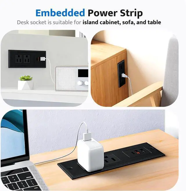 Alt view image 4 of 7 - Recessed Power Strip with USB C Fast Charging Conference Recessed Outlet,Space-Saver for Furniture Side Table,2 AC Outlets,3 USB Ports,6ft Cord, for Home