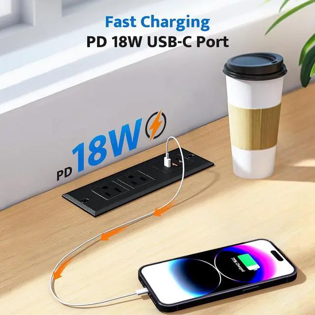 Alt view image 7 of 7 - Recessed Power Strip with USB C Fast Charging Conference Recessed Outlet,Space-Saver for Furniture Side Table,2 AC Outlets,3 USB Ports,6ft Cord, for Home