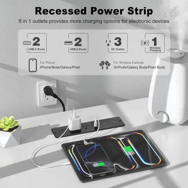 Alt view image 2 of 7 - 8 in 1 Recessed Power Strip with 15W Wireless Charger, 20W Fast Charging Furniture Outlet, Plug in 3 AC Outlets & 4 USB Ports Flush Mount, 6FT Cord